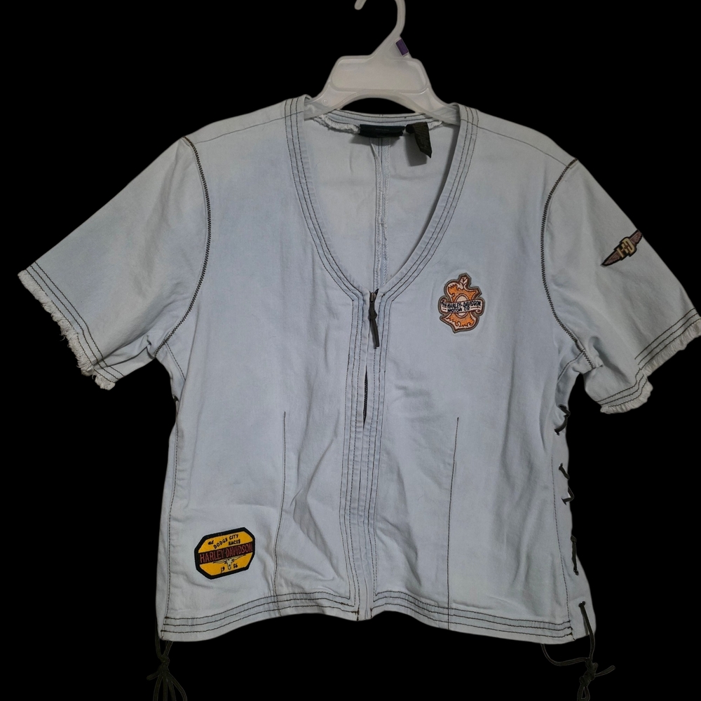 Harley-Davidson Light Blue Denim Zip Shirt with Patches